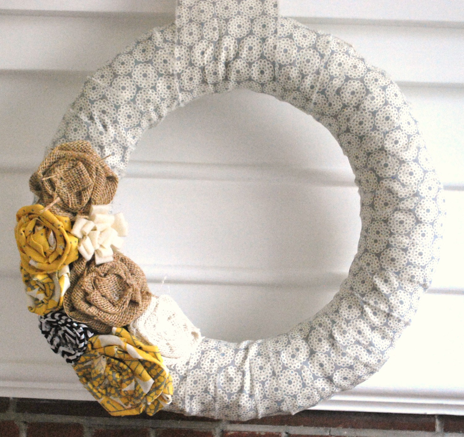 Fabric Wrapped Wreath, Yellow and grey