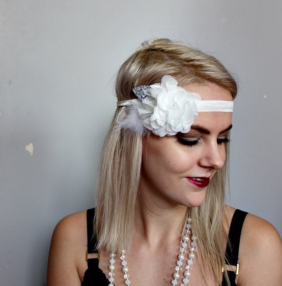 white and silver glitter leaf 1920s style flapper headband with feathers