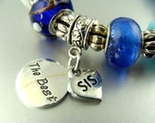 THE BEST SISTER mixed blue Stretch European bead Lampwork Charm Bracelets