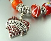 MARINES, MILITARY Stretch European bead Lampwork Charm Bracelets