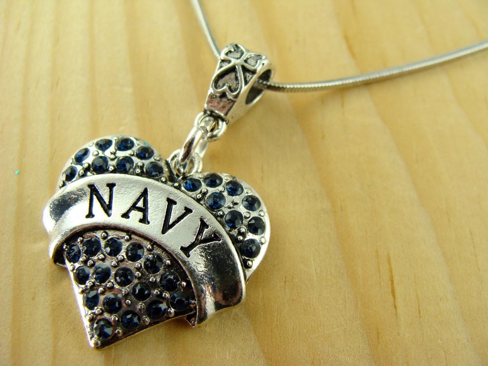 NAVY RHINESTONE HEART Pendant on .925 Silver Chain Necklace