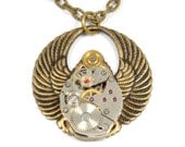 Steampunk Jewelry Steam Punk Necklace Vintage Watch Necklace Wings Scarab Jewelry Steam Punk Jewelry by VictorianCuriosities