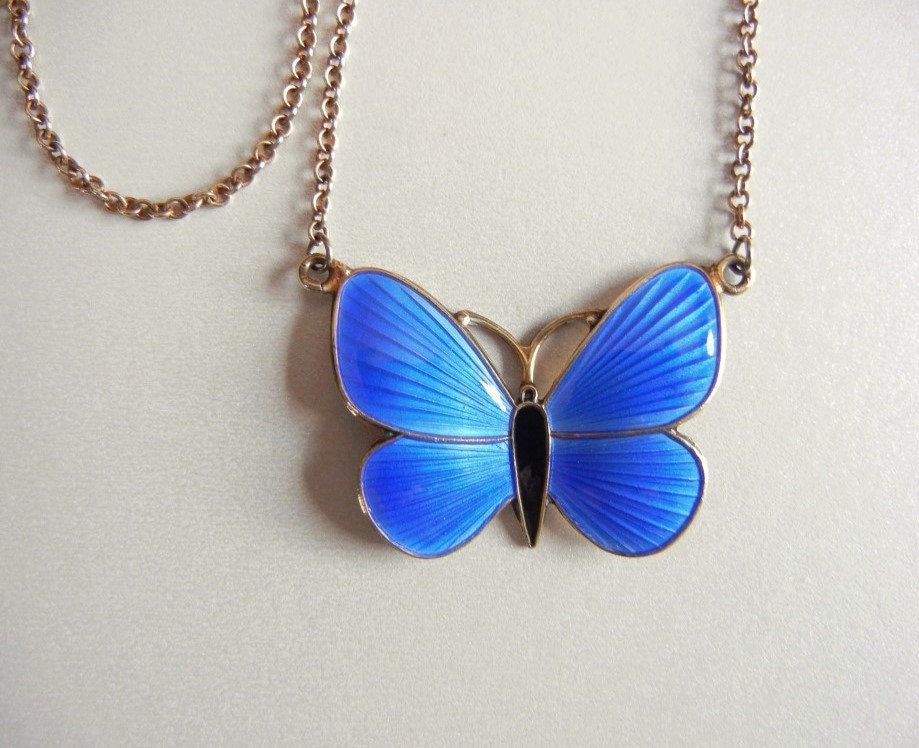 Vintage Norwegian Sterling Silver Enamel Butterfly Necklace - KathysJewelryForYou