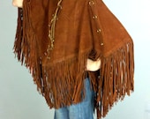 Fringe Suede Cape Hippie Brown 70s Boho Poncho