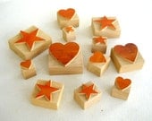 12 Wooden Designer Letterpress Blocks - Hearts and Stars- V41