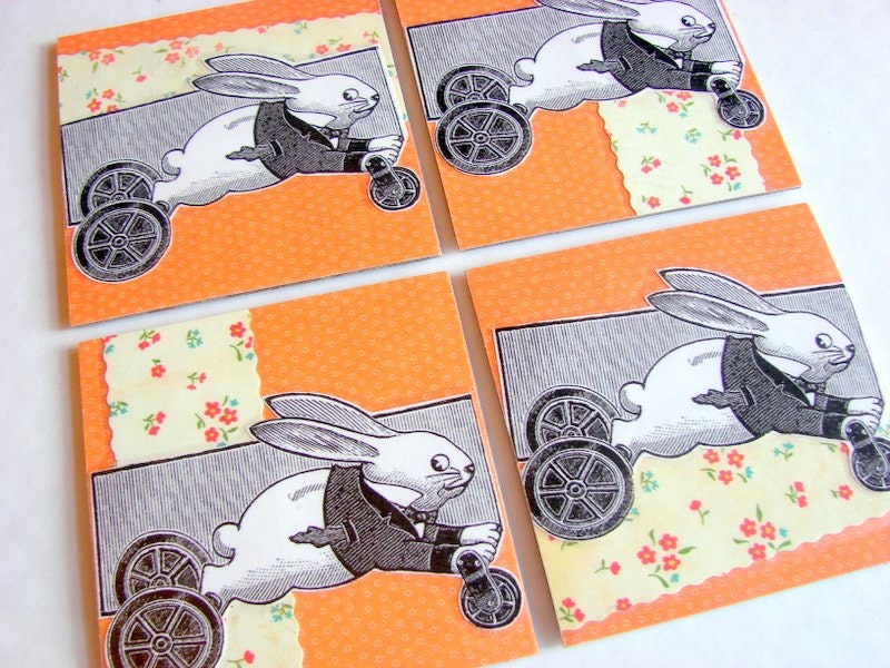 Coaster Set - Victorian Bunny Rabbit Pull Toy On Wheels - Small Paper Chipboard Decoupage Collage Drink Bar Tea Beverage Coffee