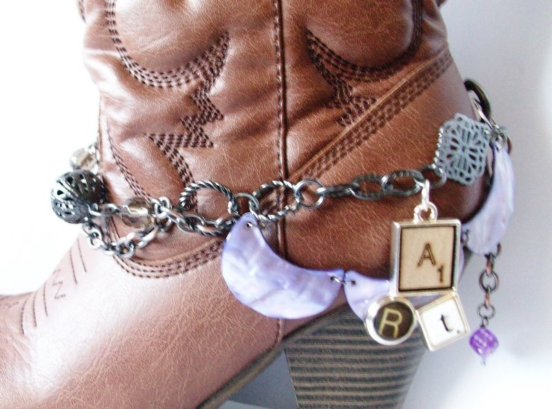 Shabby Chic and girly BOOT JEWELRY for wearing as dressy formal wear for your boots with Lavender and Gunmetal Chains with Lampwork