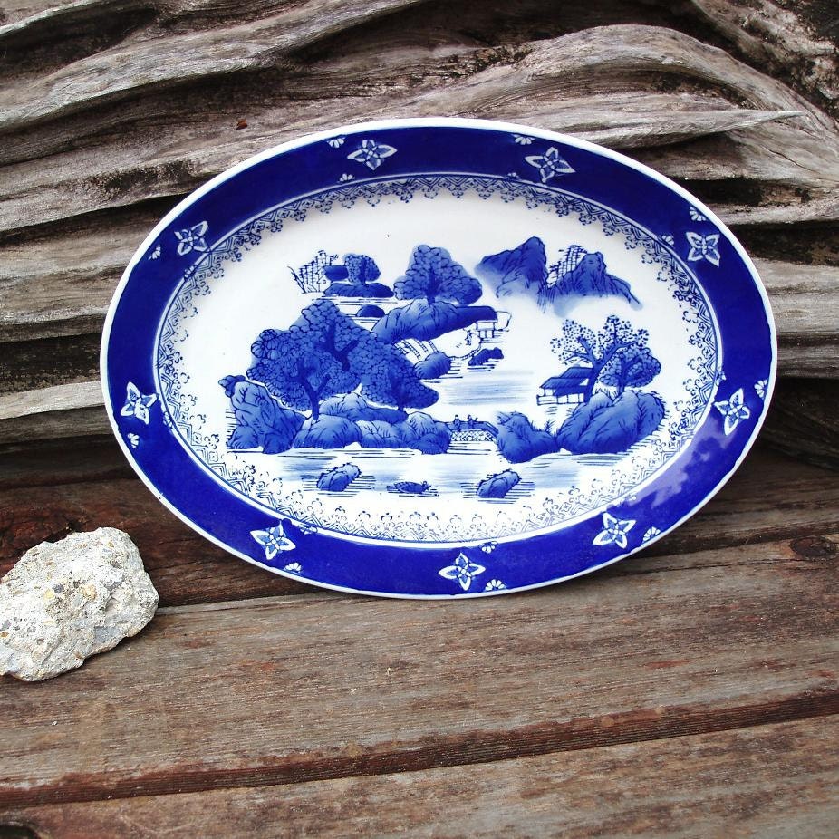 Blue White Platter Ironstone Platter Wall Hanging Asian Decor Oval Plate Cobalt Blue