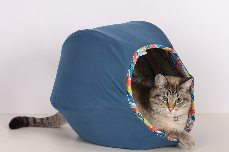On Sale Cat Ball Modern Kitty Bed in French Blue with Chevrons