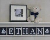 Personalized Children Nautical Nursery Decor 30" Linen White Shelf with 7 Wooden Letter Plaques - ETHAN (Sailboats)