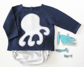 Knitted sweater with diaper cover - navy blue and gray. Octopus. 100% cotton. READY TO SHIP size 3-6 months.