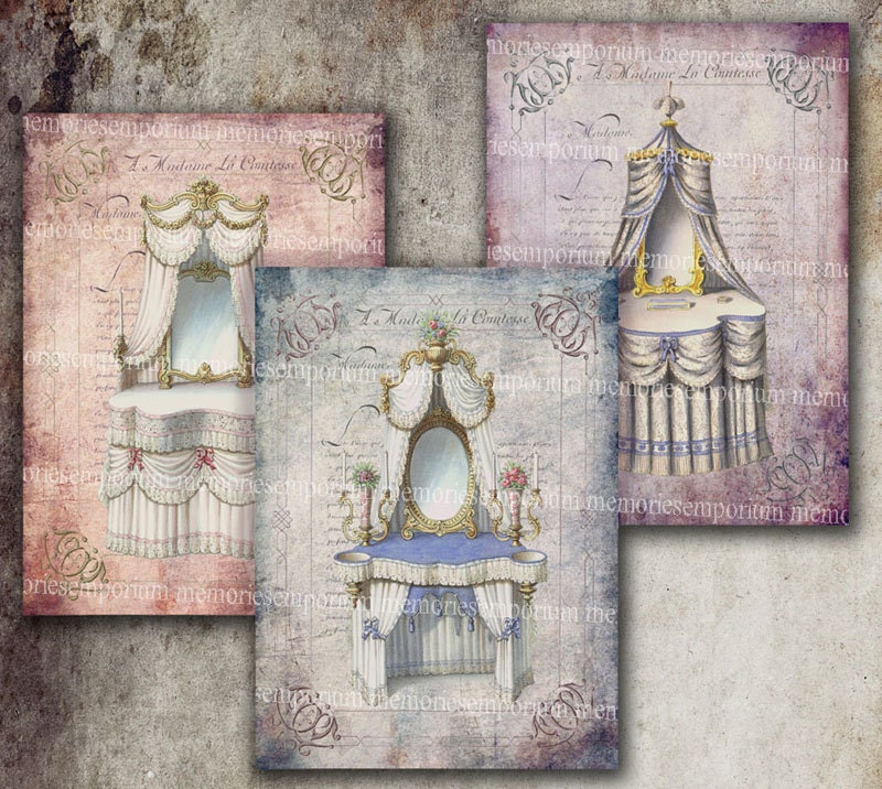 French Shabby Chic Boudoir Bedroom Antique Dressing Tables Decoupage ACEO ATC Furniture Digital Collage Sheet Printable Download 209