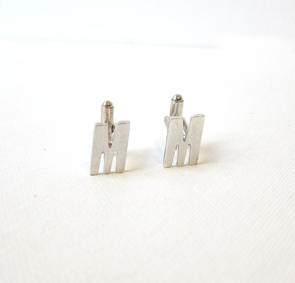 Vintage retro 1970s modernist silver plate letter M cufflinks