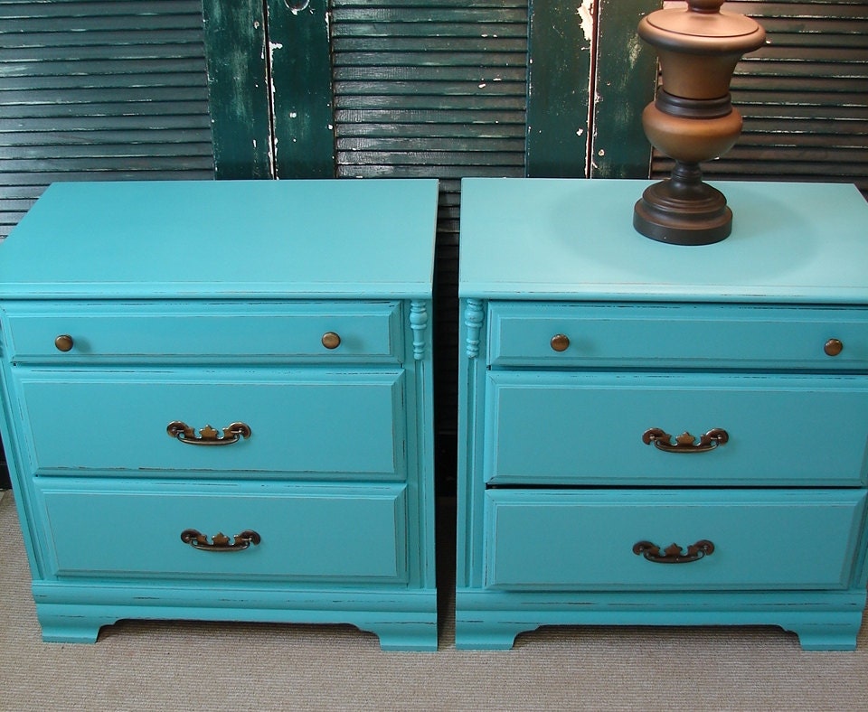 Reclaimed Vintage Peacock Aqua Painted Blue 3 Dr Chest Side Accent End Table Tables Nightstands (MLD) (Priced Each) Call for a Ship Quote