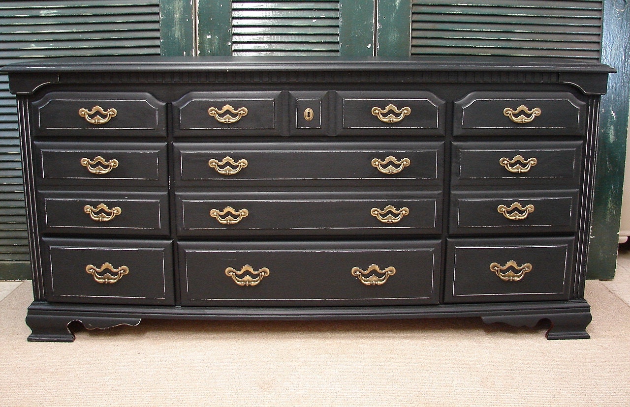 Reclaimed Vintage Black on White Paint Distressed Long Low Dresser Chest of Drawers Credenza Console (HAI) Call for a SHIP QUOTE