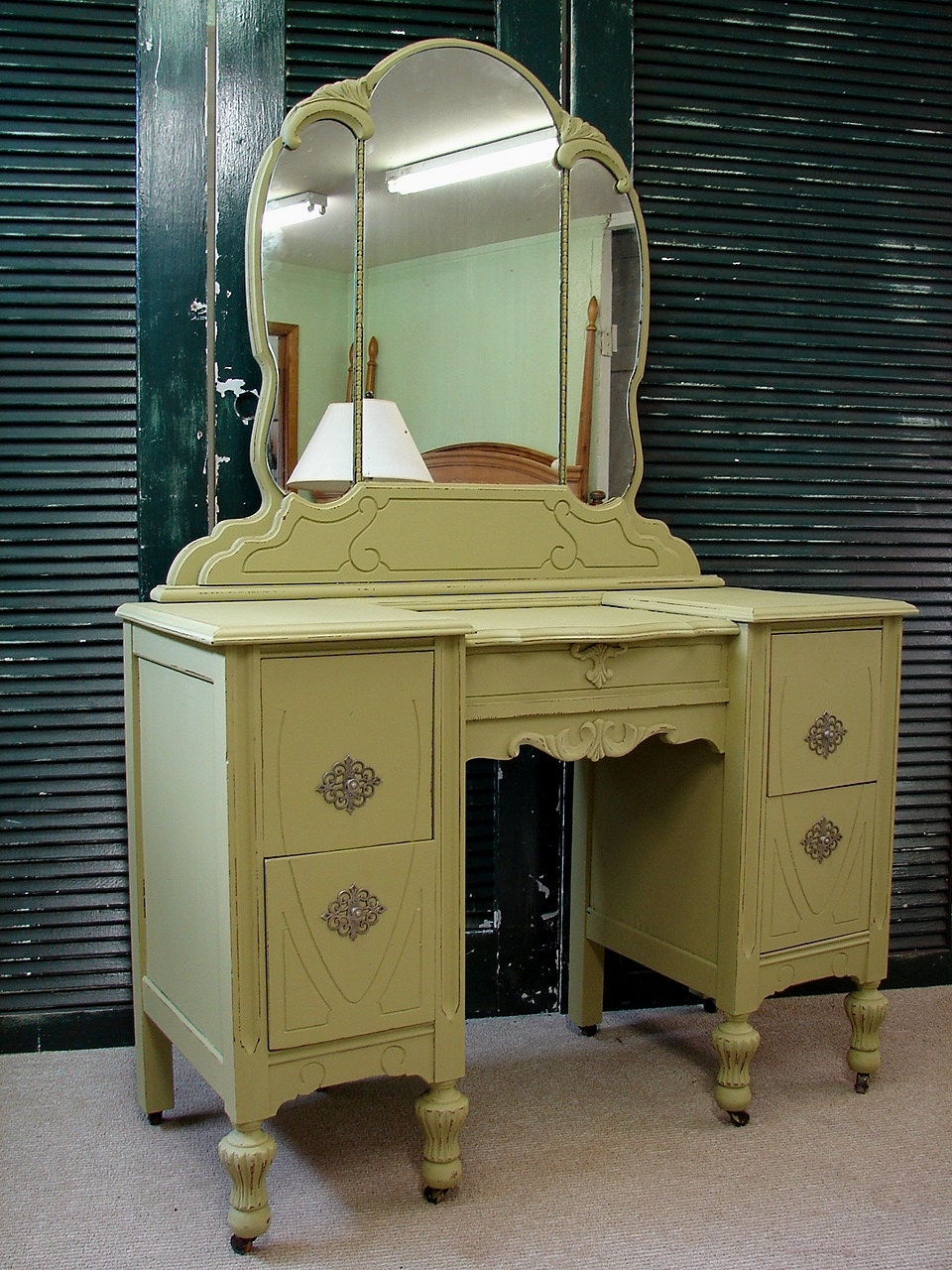 Reclaimed Vintage Antique Agave Lime Green Paint Vanity Dressing Table Desk w Mirror (HAI) Call or email for a ship quote