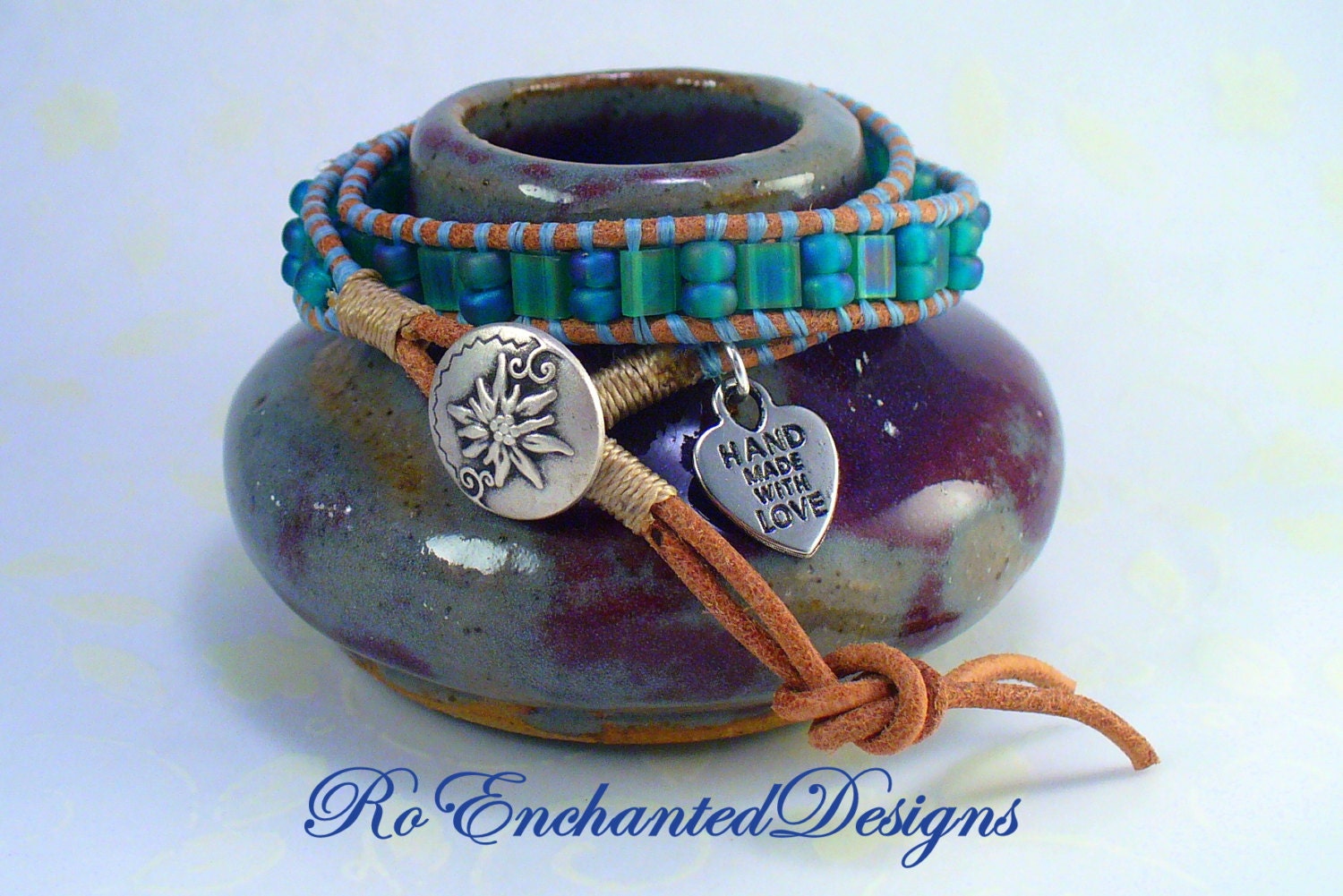 Summer Leather Wrap Bracelet - Teal Glass Pony Beads, Weathered Tan Leather, Opaque Turquoise Tila Bead, Antiqued Silver flower Button