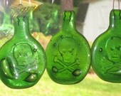 Green Vintage Skull and Crossbones 3" Glass Bottles Mobile and Light Scatterer, goth art, Wheaton Collectable bottles, ceramic bone