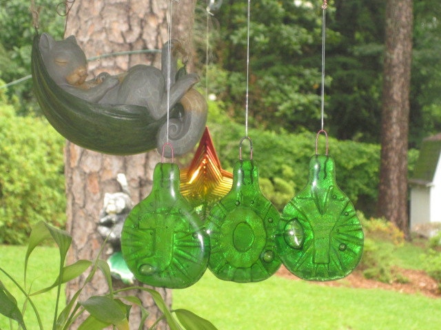 Vintage Art Glass Mobile,  Slumped Bottles Wind Chimes and Light Scatterer with embossed JOY, glass windchimes, wheaton bottles