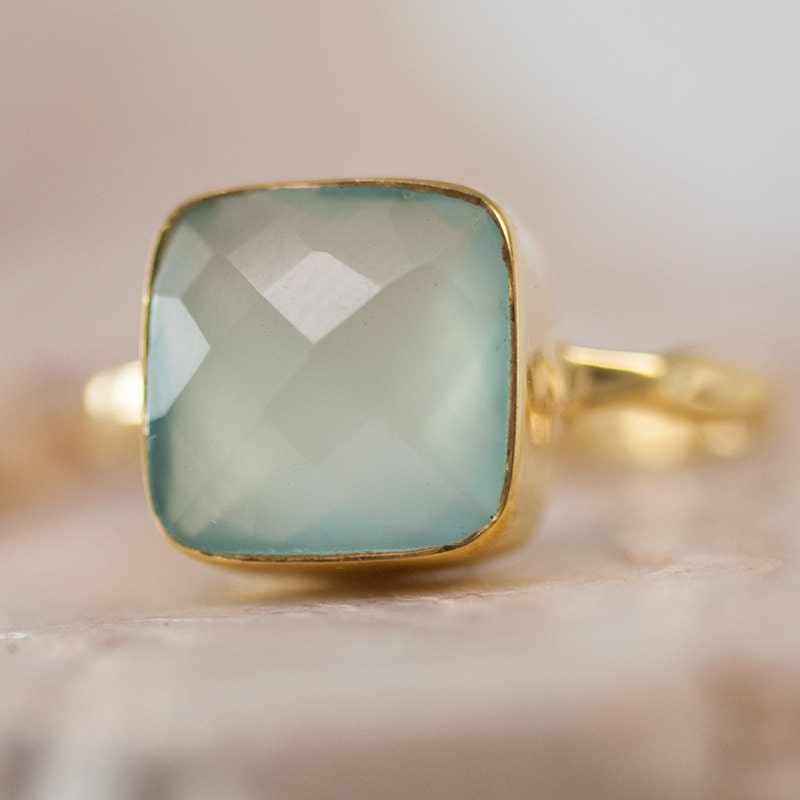 Cushion Cut Aqua Blue Chalcedony Ring - Gemstone Ring - Gold Ring - Bezel Set Ring - Mother's Day Gift