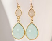 Aqua Blue Chalcedony Earrings - Sapphire earrings - Gemstone earrings - Gold drop earrings - Dangle Earrings Mother's Day Gift