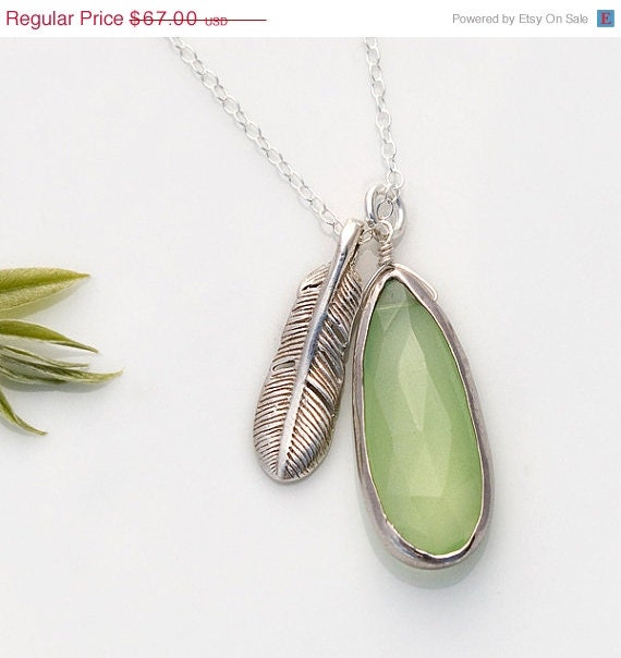 CLEARANCE - Aqua Green Necklace -  Bird Feather Charm Necklace - Silver Necklace - Bridesmaid Jewelry Mother's Day Gift