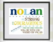 Boy's 8x10 Scripture Verse Art Print - Be Strong and Courageous Joshua 1:9 - Nolan - Blue Green and Yellow