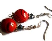 Beadwork Abstract Red and Black Dangle Earrings Silver Rustic Gray Czech Glass Beaded Jewelry
