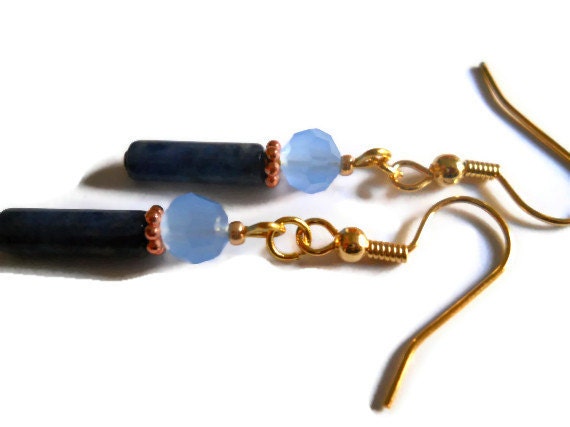 Lapis Lazuli Earrings Navy Sky Blue Czech Glass Copper Beaded Jewelry