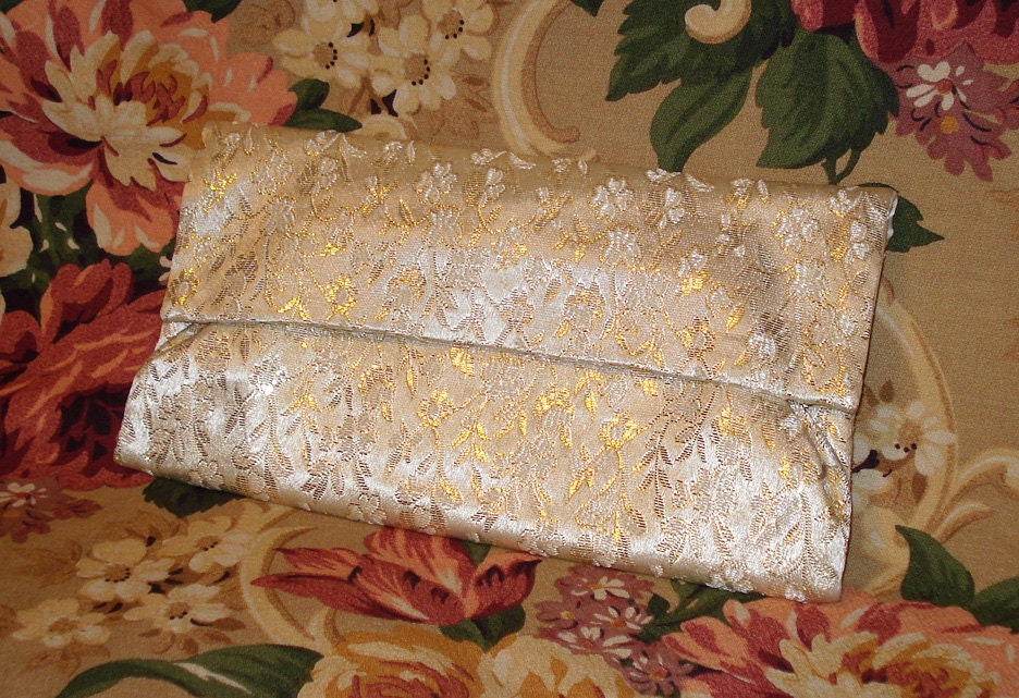 Vintage 1960's Champagne and Gold Satin Floral Brocade Clutch Purse with compartments for Gloves and Glasses