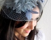 Blue Gray Fascinator - "Sierra" Mesh Hat Fascinator with Flowers and Blue Gray Feathers