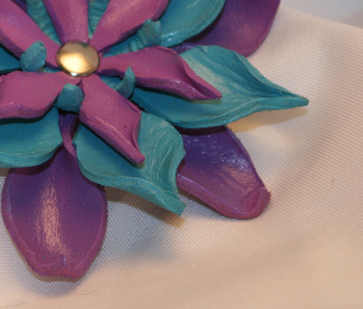 Purple and Turquoise Leather Flower Hair Clip