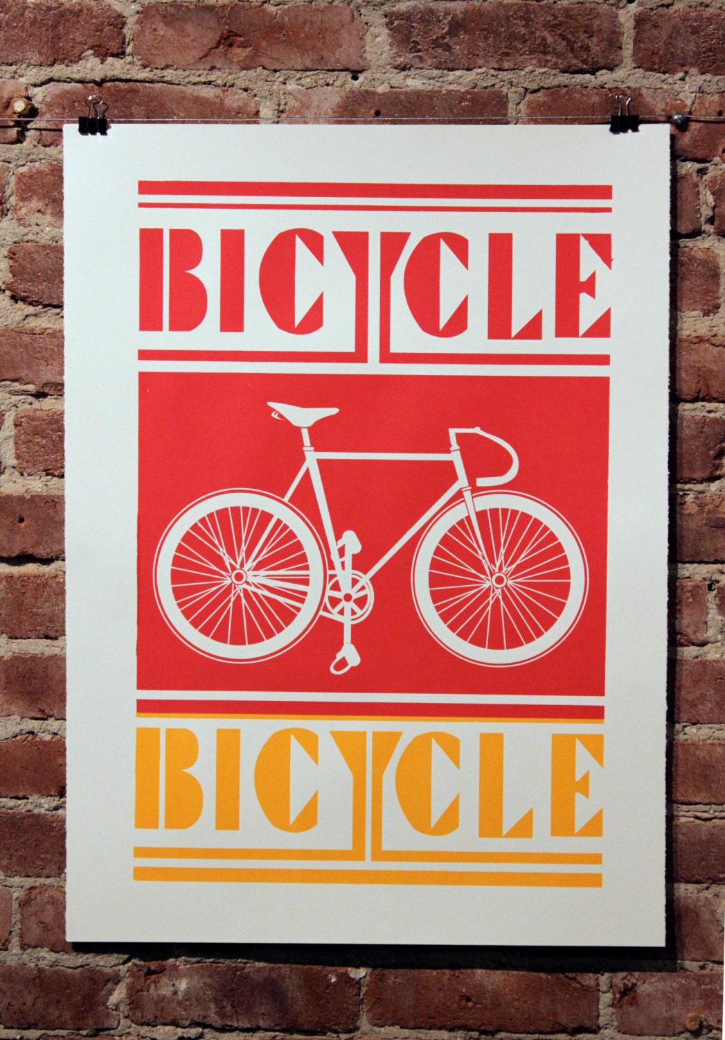 Overstock 1 Week SALE Bicycle Hand Pulled Silkscreen Print Red and Yellow