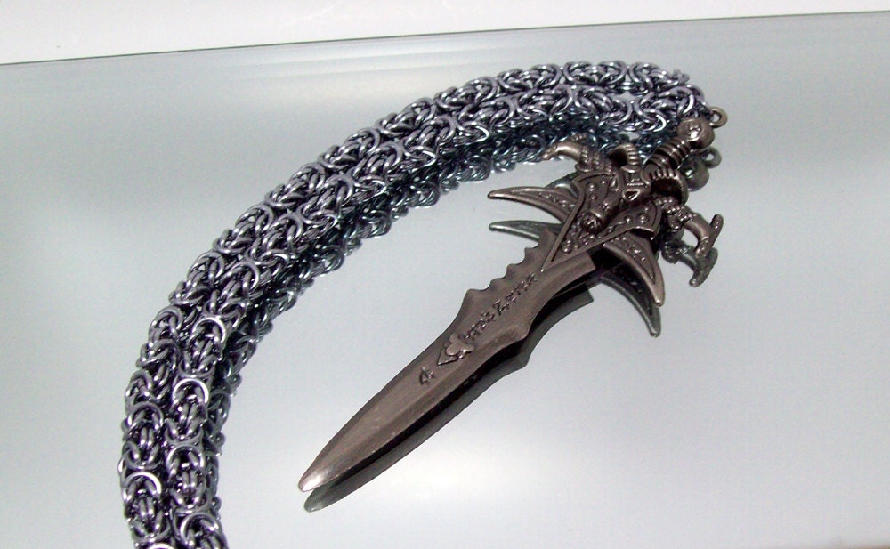 Mens necklace, Warcraft, chainmaille necklace.  Lich King sword, Frostmourne, WOW, zombie, video game, larp, costume, geekery