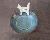 Ceramic Cat Bowl for "KITTY" // Handmade Pottery for your Cat // Pet Dish in Rustic Blue