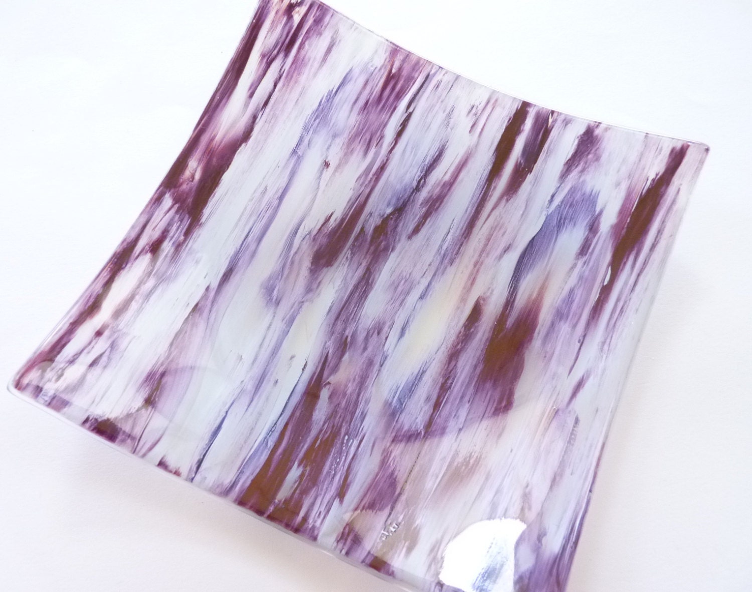 Recycled glass dish, hand painted cranberry plum streaky, 15cm square fused glass bowl, dish plate