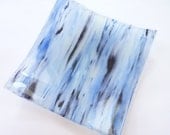 Recycled glass dish, hand painted blue streaky,15cm square fused glass bowl, dish plate