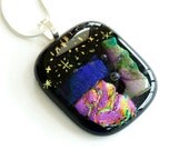 Fused glass pendant, multicoloured dichroic glass pendant necklace, purple, gold, pink