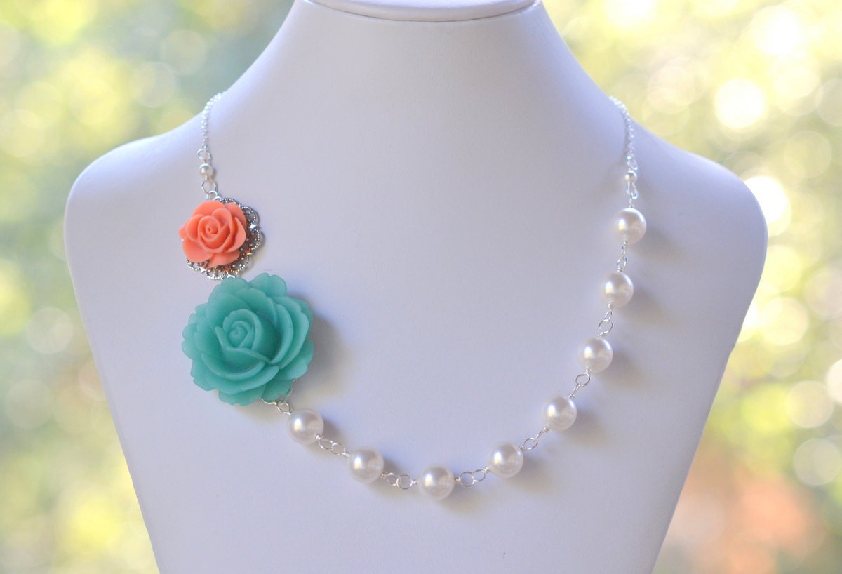 Turquoise and Coral Rose Asymmetrical White Swarovski Pearl Necklace.  Statement Necklace.  Bridesmaid Jewelry. Bridal Party Jewelry.