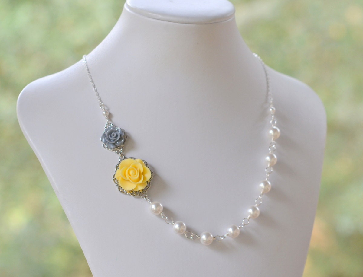 Yellow and Grey Rose Bridesmaid Necklace in White Swarovski Pearl Asymmetrical Floral Necklace.  Yellow and Grey Wedding Jewelry.