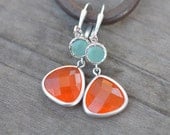 Burnt Orange Teardrop and Aqua Jewel Dangle Earrings in Silver. Fashion Earrings. Orange Aqua Earrings. Free Shipping.