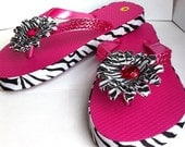 hot pink zebra striped childrens flip flops,house shoes,thongs,spa slippers,size medium