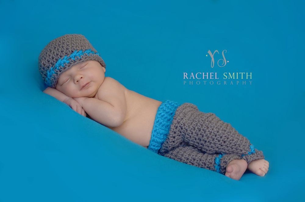 Baby Pants / Crochet Baby Shorts / Baby Boy Outfit / Crochet Baby Hat / Photo Prop Pants / Matching Set / Gray / Newborn Photo Props