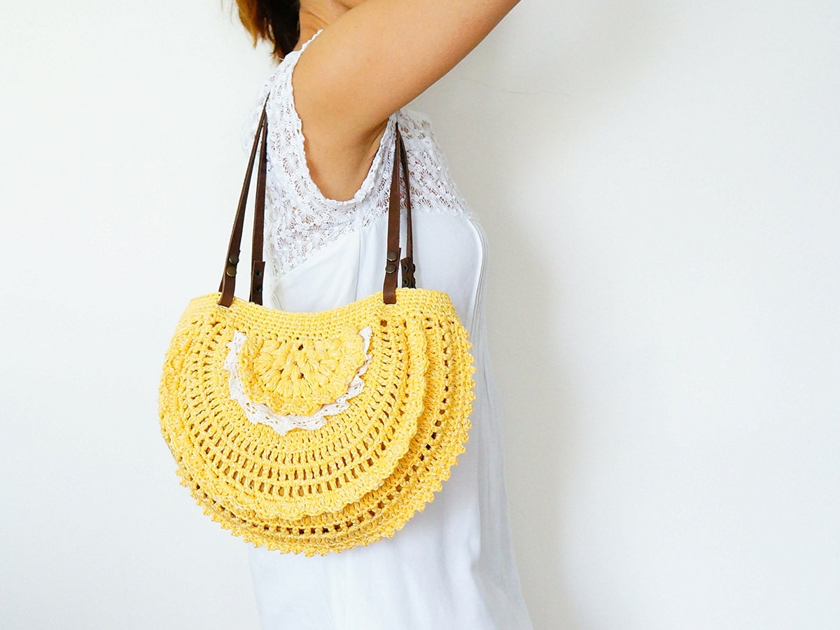Yellow summer bag- Handbag Celebrity Style With Genuine Leather Straps / Handles shoulder bag-crochet bag-hand made