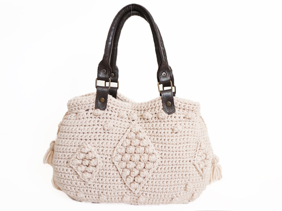 Ivory Shoulder Bag Celebrity Style With Genuine Leather Dark Brown Handles