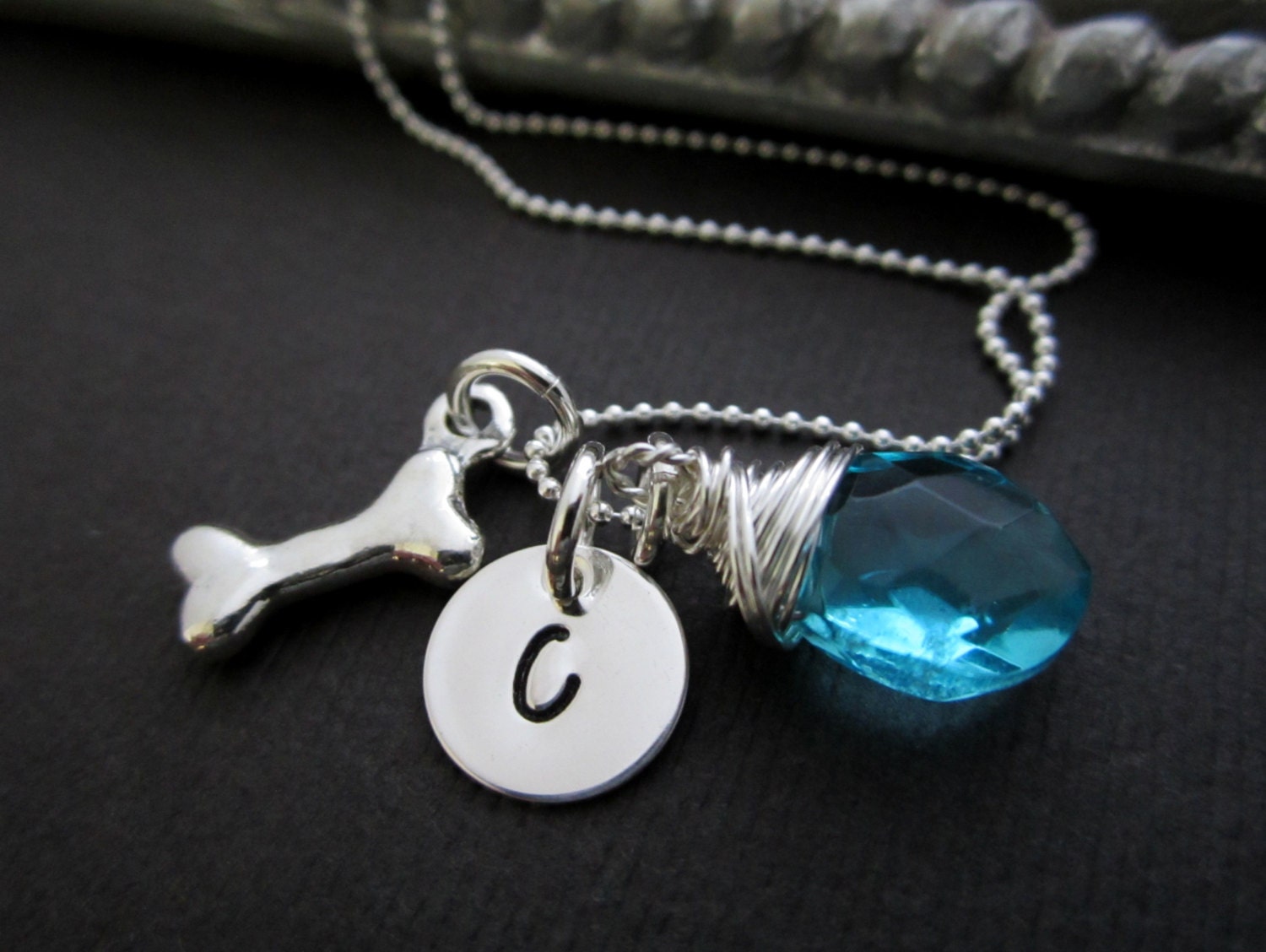 Personalized necklace Hand Stamped Jewelry Monogram Necklace Dog Bone Jewelry Custom Gemstone