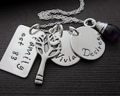 Personalized Mothers Jewelry - Hand Stamped Jewerly - Sterling Silver Necklace - Family Keepsake, Kids Names & Birthstone Gemstone