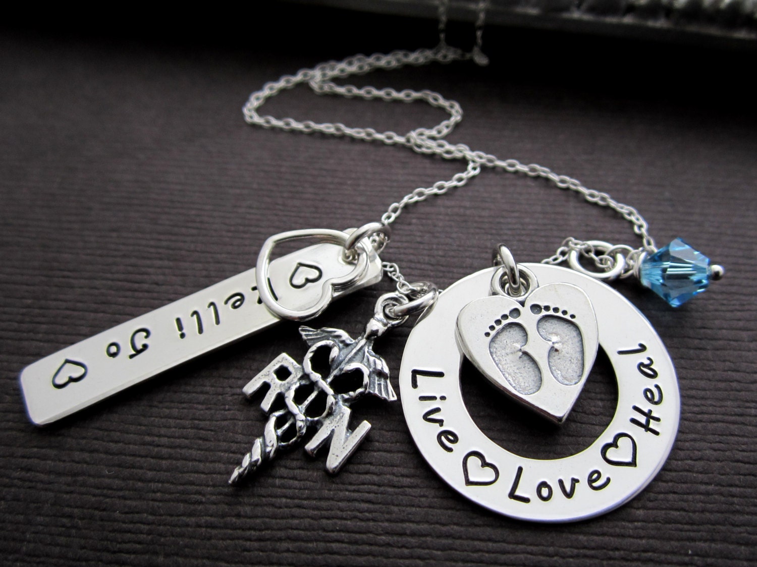 NICU/ RN Babie Nurse Charm Necklace, Nurse Gifts Jewelry w/ Necklace in Sterling Silver Hand Stamped Live Love Heal Jewelry & Birthstone