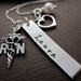 RN Nurse, Nurse Necklace, Nurses Jewelry, Hand Stamped Gift w/ Name Necklace in Sterling Silver, custom Charm Birthstone Open Heart & Pearl