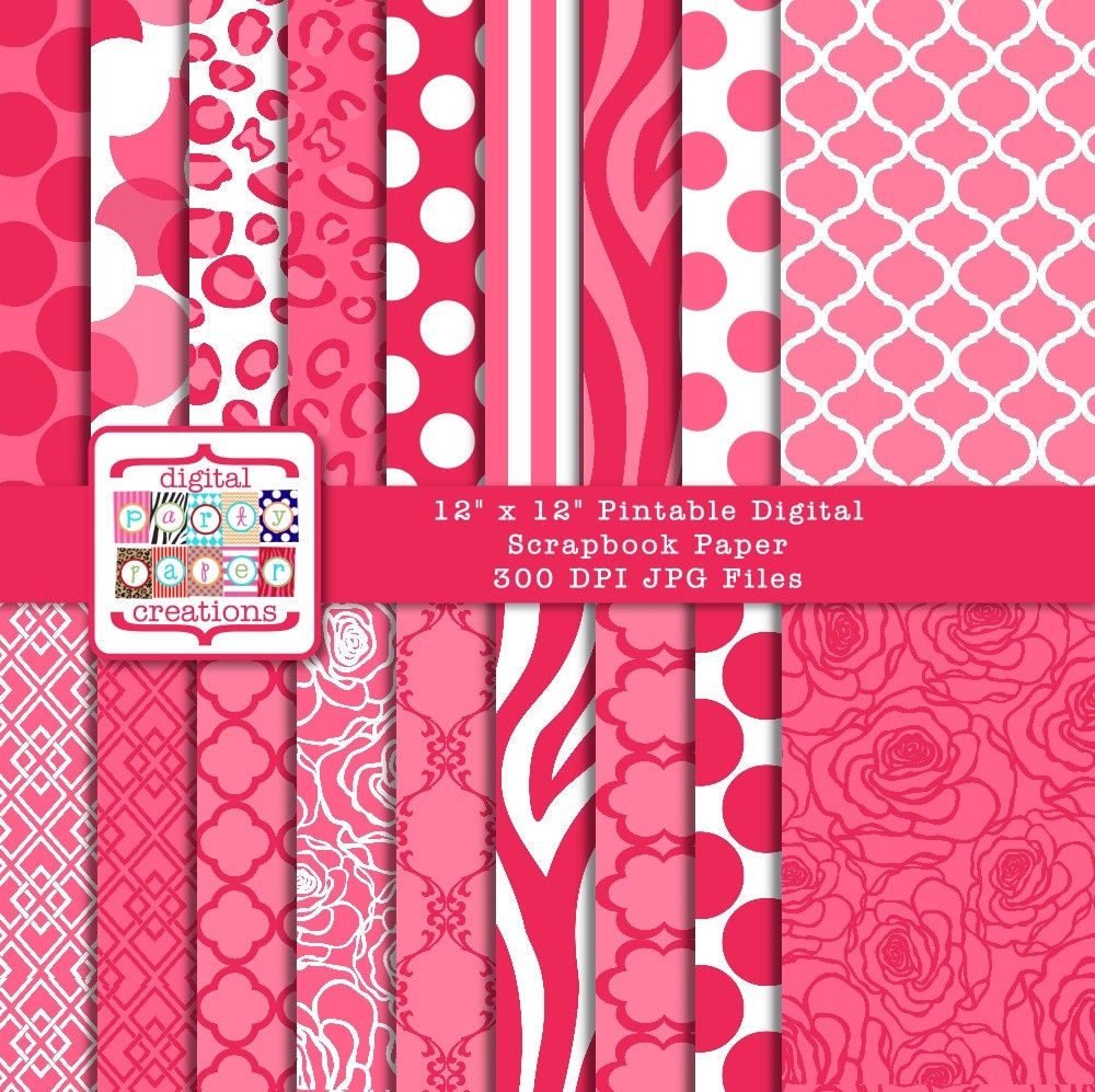 Digital Paper Pack - Pink Red Animal Print, Quatrefoil, Dots, Stripes, Floral INSTANT DOWNLOAD Il_170x135